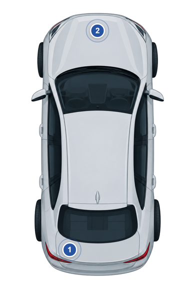 Aston Martin: Fundstellen des Farbcodes am Fahrzeug, nummeriert wie in der Liste
