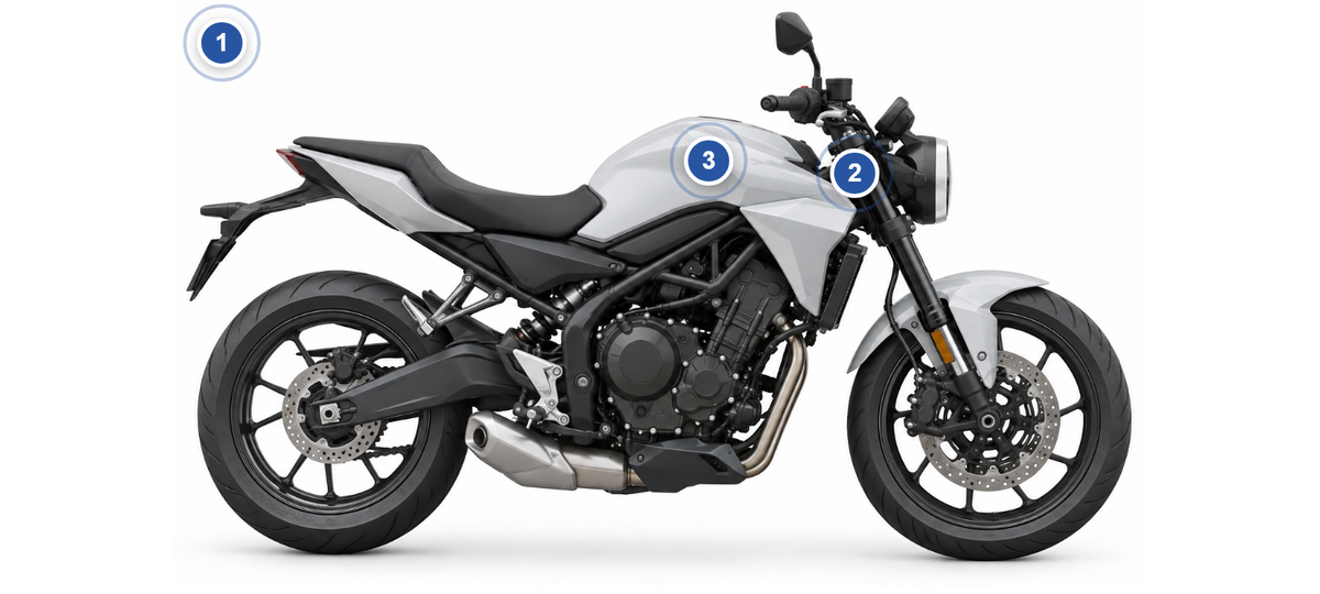 Ducati: Fundstellen des Farbcodes am Fahrzeug, nummeriert wie in der Liste