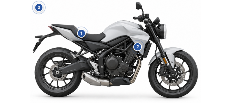 Suzuki Motorrad: Fundstellen des Farbcodes am Fahrzeug, nummeriert wie in der Liste