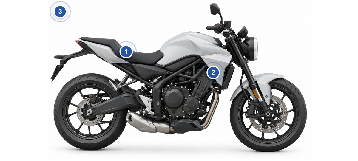 Suzuki Motorrad: Fundstellen des Farbcodes am Fahrzeug, nummeriert wie in der Liste