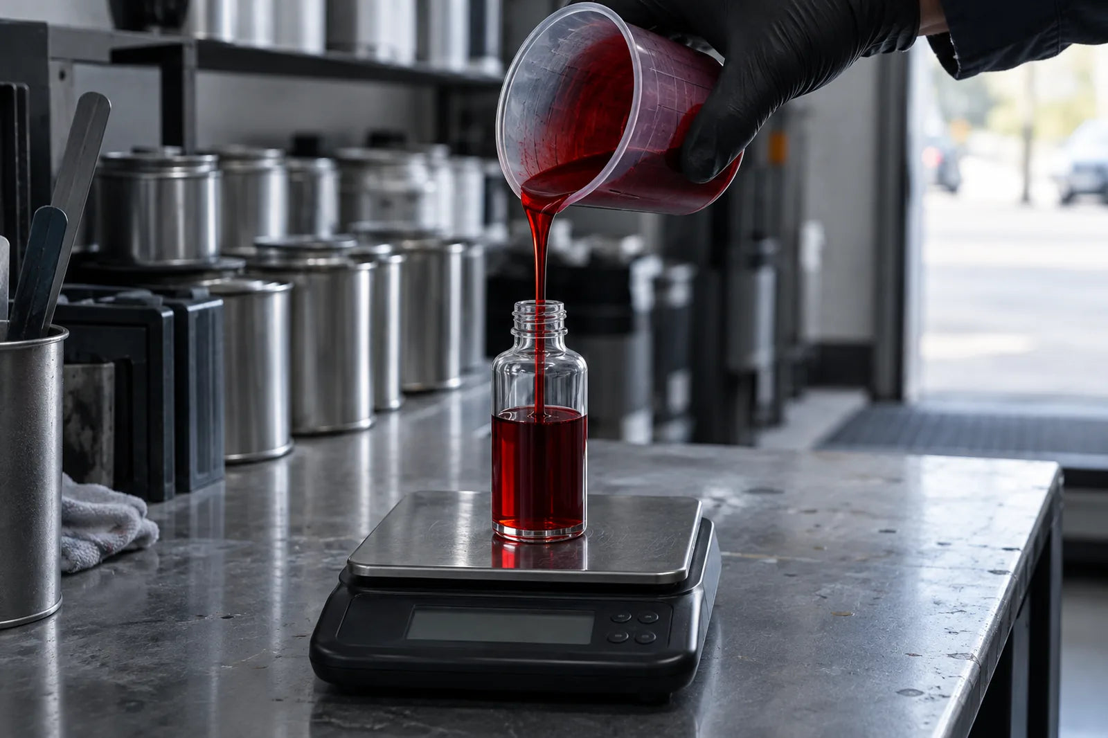 Am Mischtisch wird roter Basislack aus einem Mischbecher in eine 20-ml-Flasche auf einer Waage gefüllt.