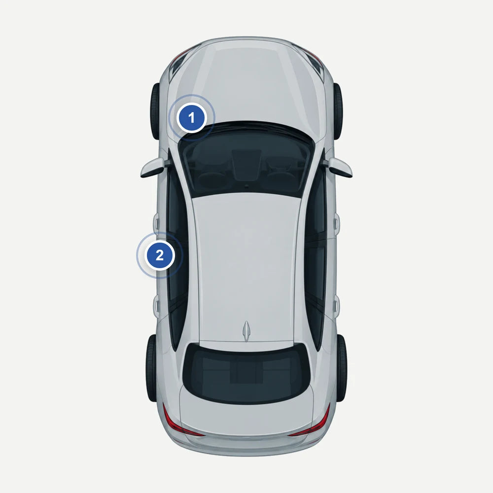 Wo steht der Farbcode bei BMW: Auto von oben mit 2 markierten Stellen
