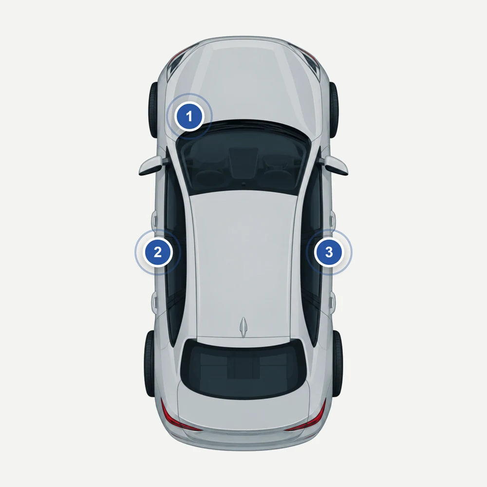 Wo steht der Farbcode bei BMW: Auto von oben mit 3 markierten Stellen