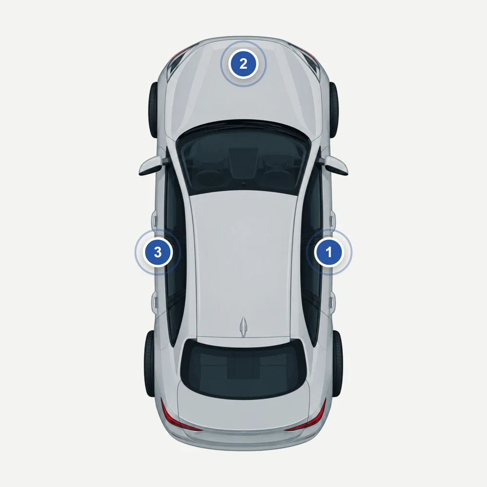 Wo steht der Farbcode bei Dacia: Auto von oben mit 3 markierten Stellen