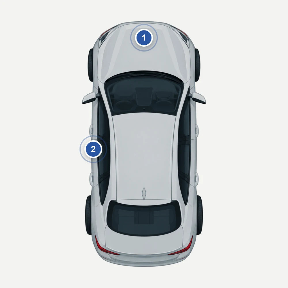 Wo steht der Farbcode bei Hyundai: Auto von oben mit 2 markierten Stellen