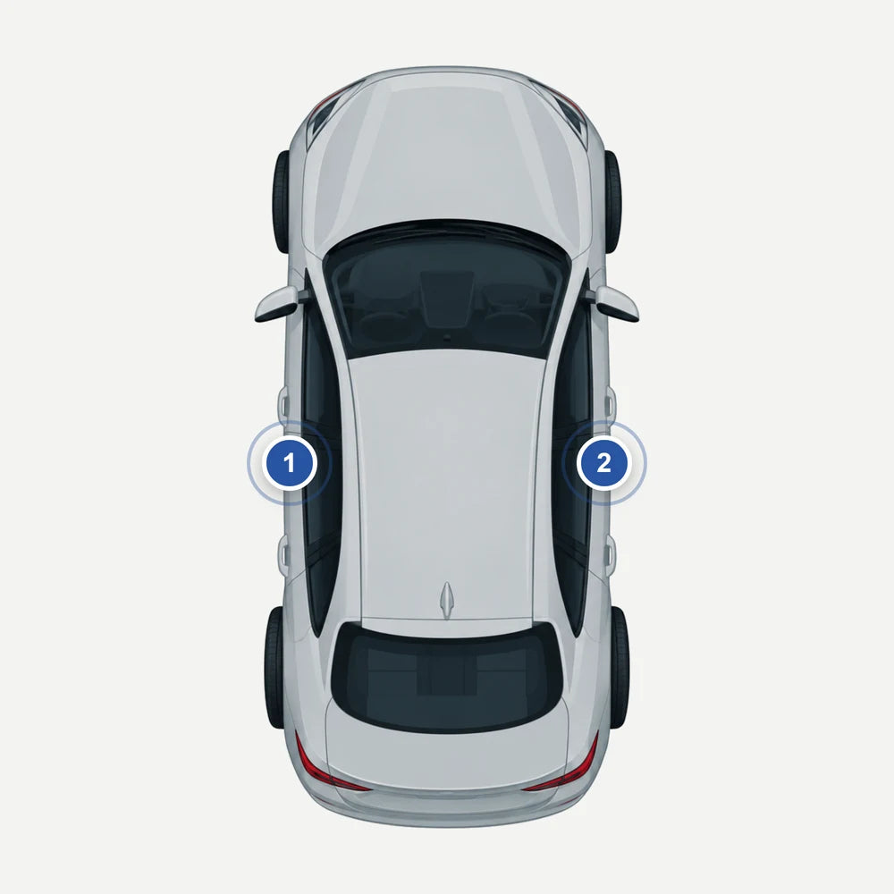 Wo steht der Farbcode bei Opel: Auto von oben mit 2 markierten Stellen