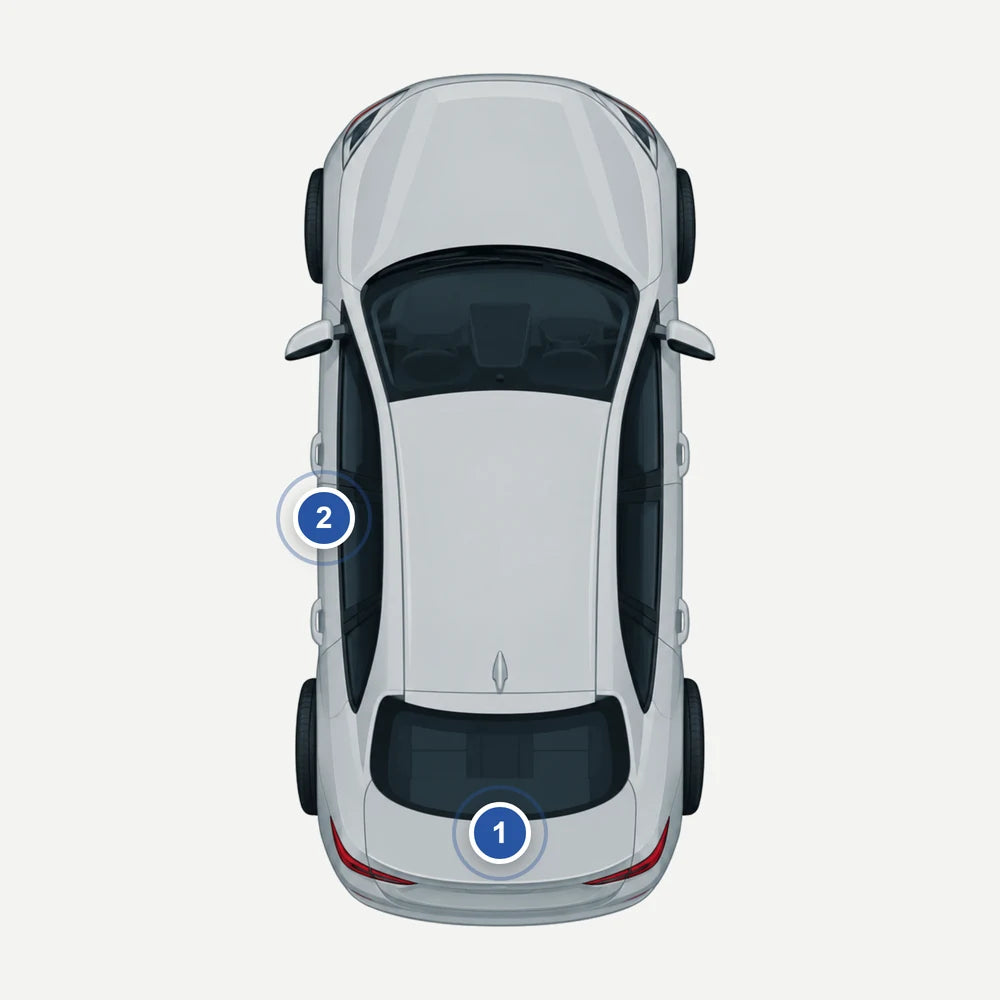 Wo steht der Farbcode bei Porsche: Auto von oben mit 2 markierten Stellen