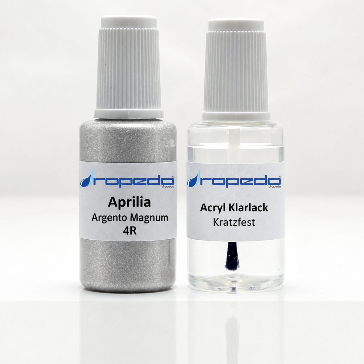 Aprilia Motorrad 4R Argento Magnum Lackstift, 20 ml Basislack und 20 ml Klarlack