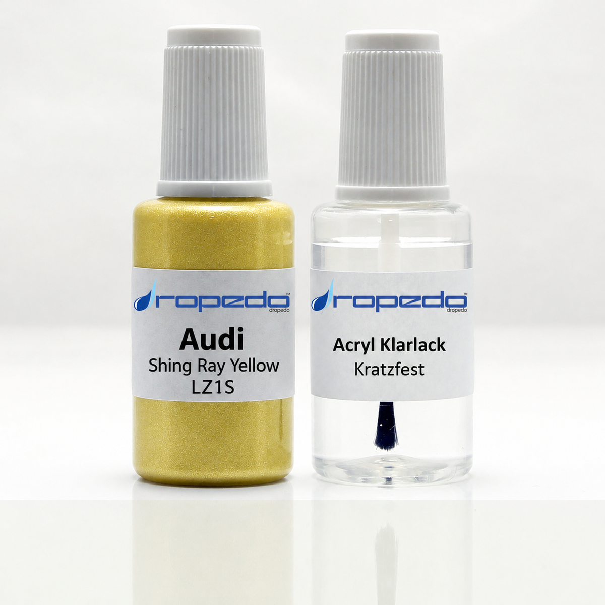 Audi LZ1S Shing Ray Yellow Lackstift, 20 ml Basislack und 20 ml Klarlack