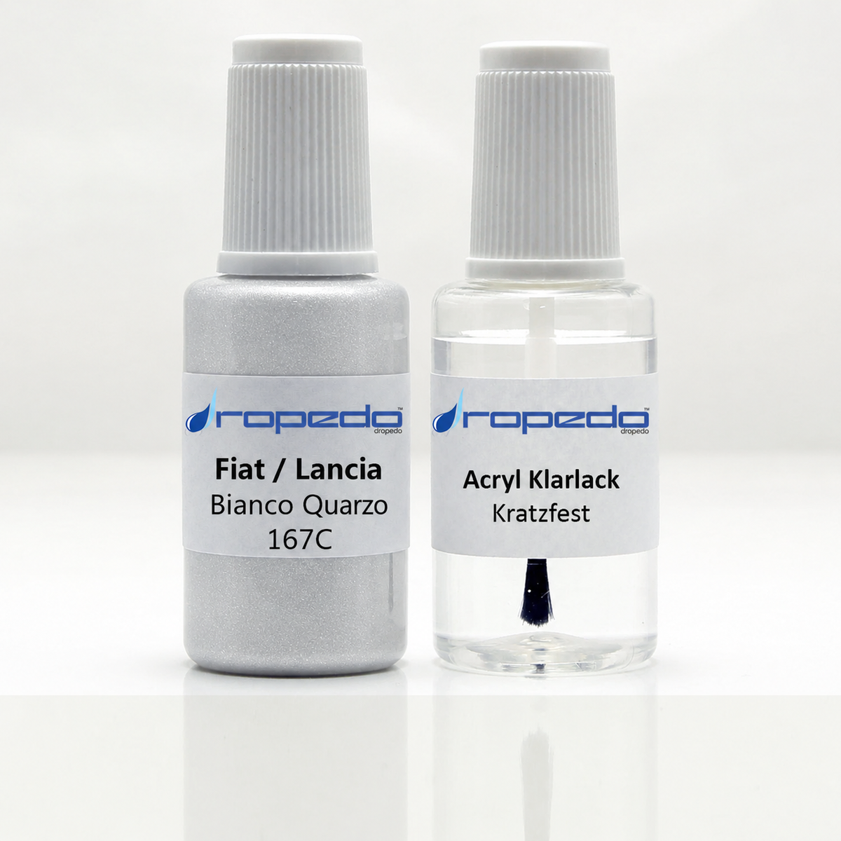 Fiat 167C Bianco Quarzo Lackstift, 20 ml Basislack und 20 ml Klarlack