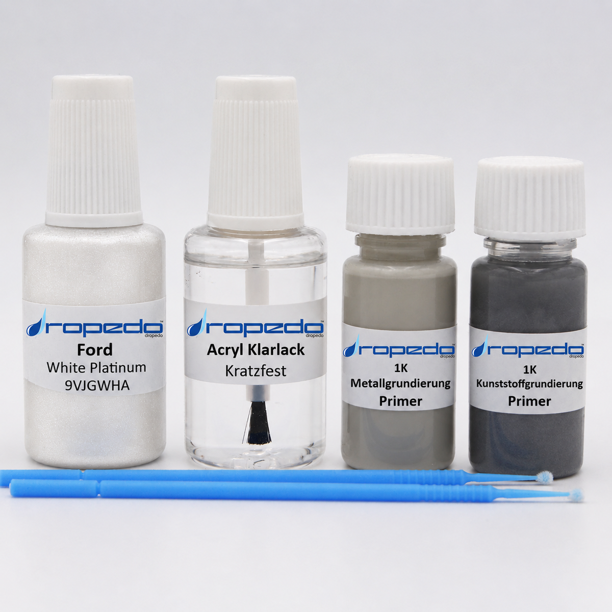 Ford 9VJGWHA White Platinum Lackstift-Set mit Grundierung: 20 ml Basislack, 20 ml Klarlack, 10 ml Metall- und 10 ml Kunststoffgrundierung