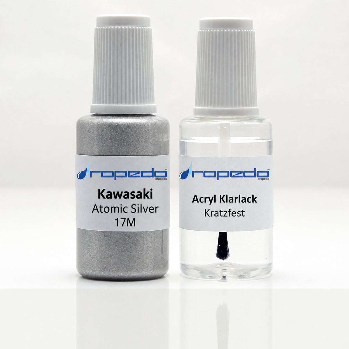 Kawasaki Motorrad 17M Atomic Silver Lackstift, 20 ml Basislack und 20 ml Klarlack