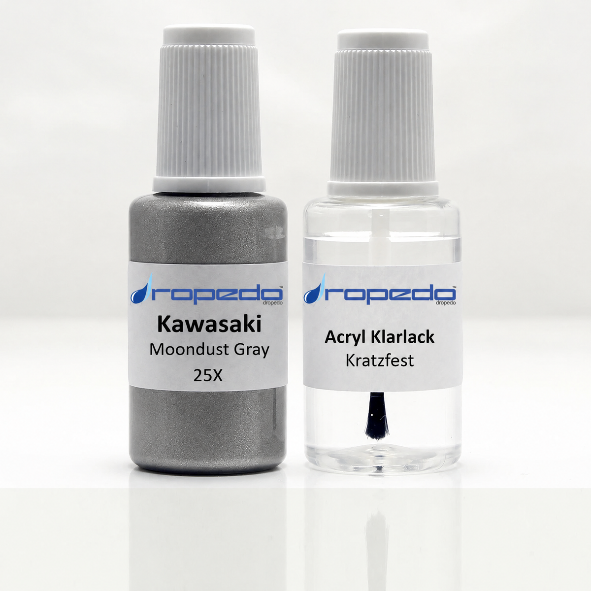 Kawasaki Motorrad 25X Moondust Gray Lackstift, 20 ml Basislack und 20 ml Klarlack