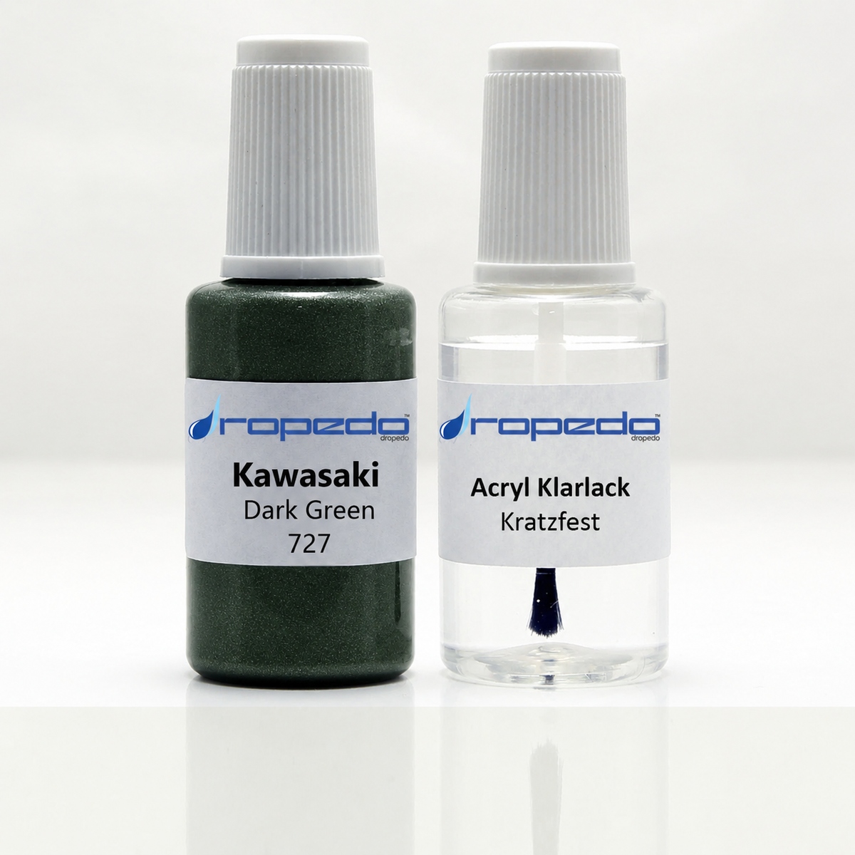 Kawasaki 727 Dark Green Lackstift, 20 ml Basislack und 20 ml Klarlack