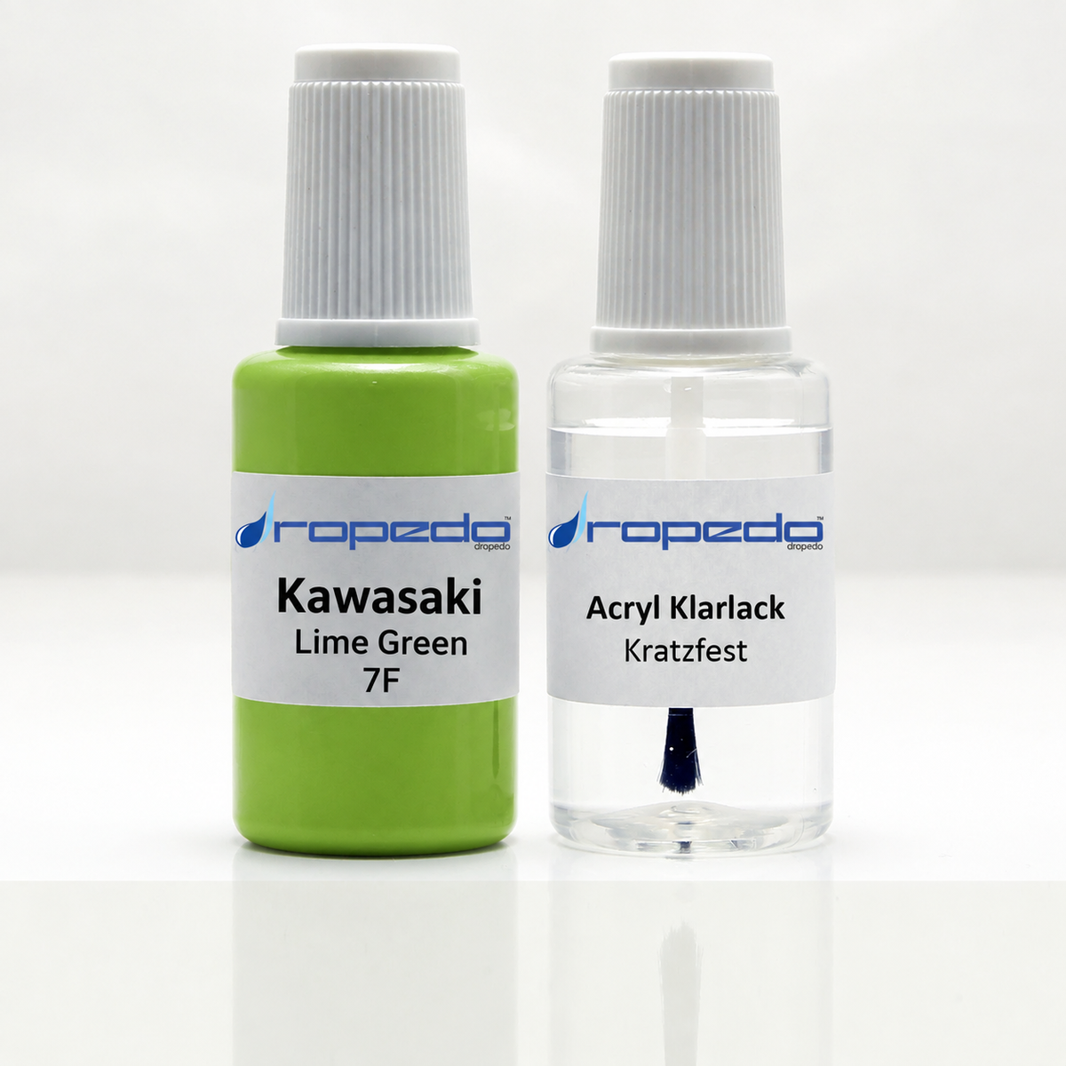 Kawasaki Motorrad 7F Lime Green Lackstift, 20 ml Basislack und 20 ml Klarlack