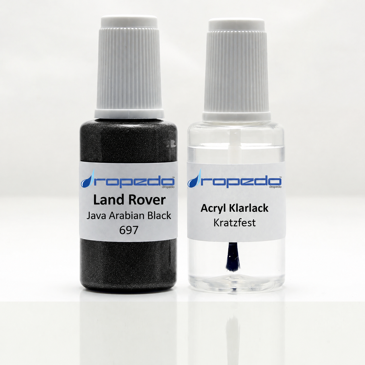 Lackstift-Set für Land Rover 697 Java Arabian Black: 20 ml Basislack und 20 ml Klarlack