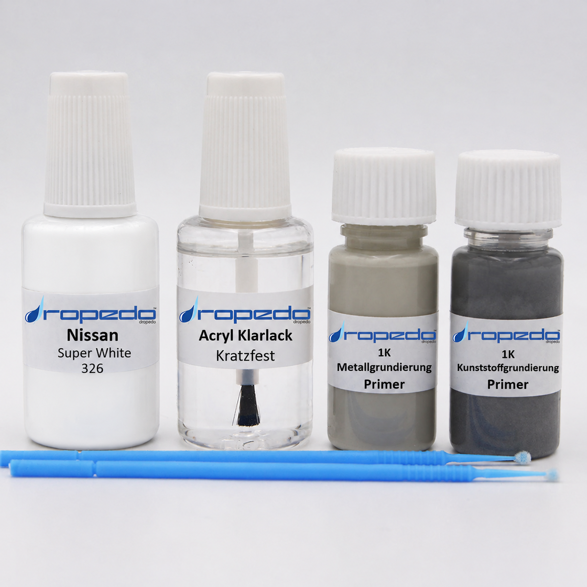 Nissan 326 Super White Lackstift, 20 ml Basislack und 20 ml Klarlack