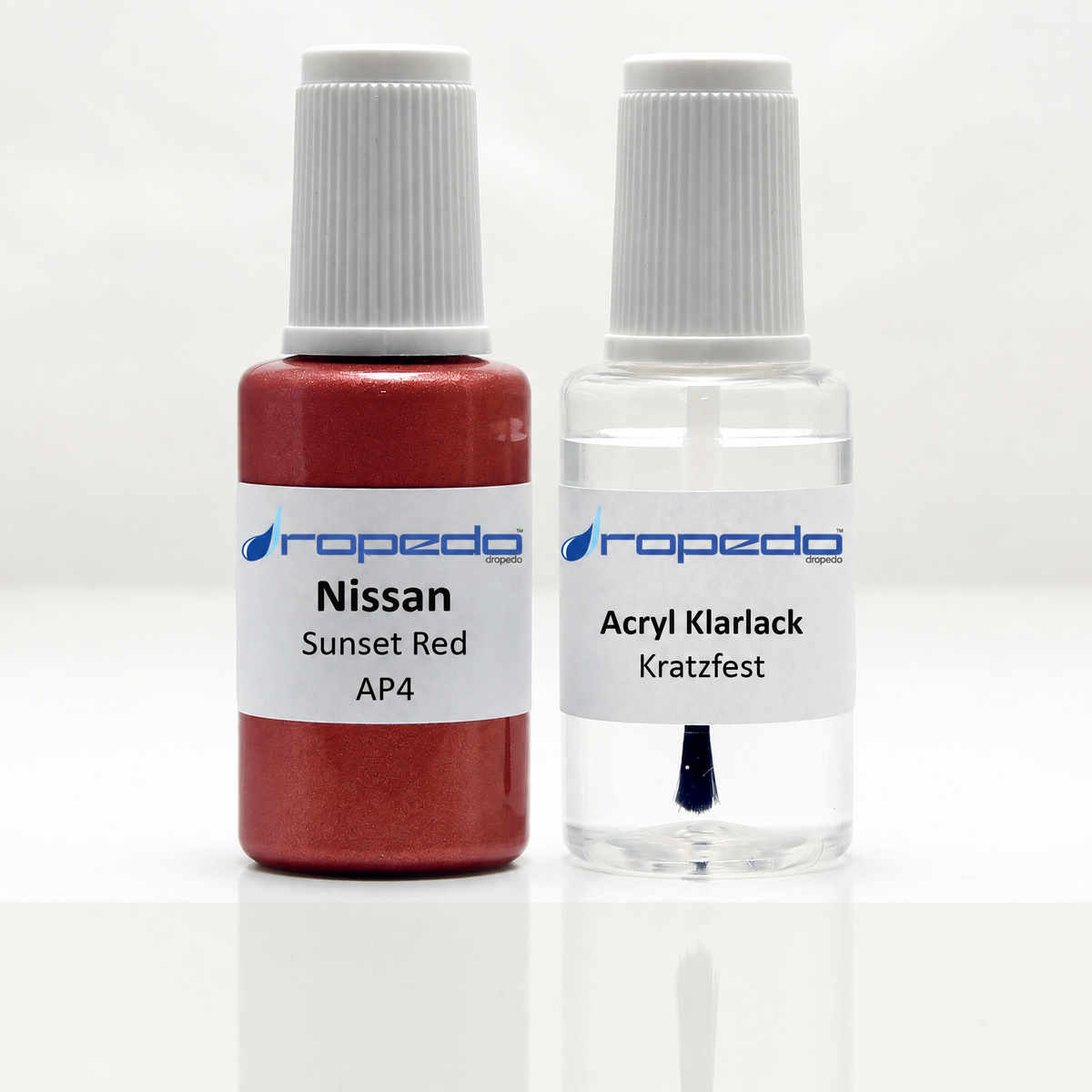 Lackstift-Set für Nissan AP4 Sunset Red: 20 ml Basislack und 20 ml Klarlack