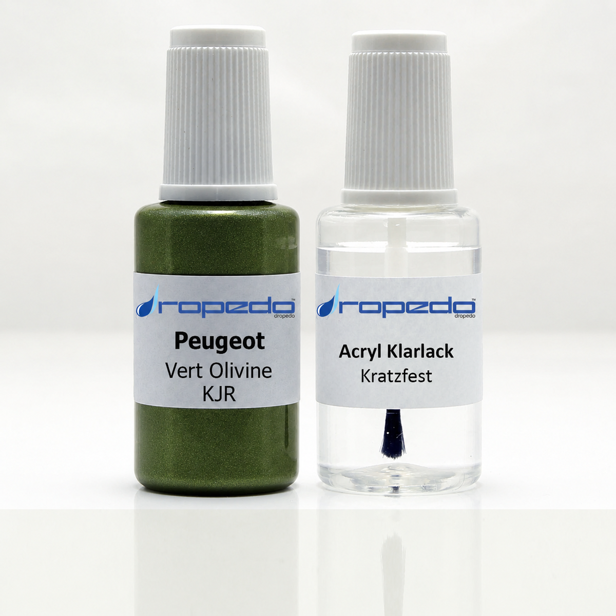 Peugeot KJR Vert Olivine Lackstift, 20 ml Basislack und 20 ml Klarlack