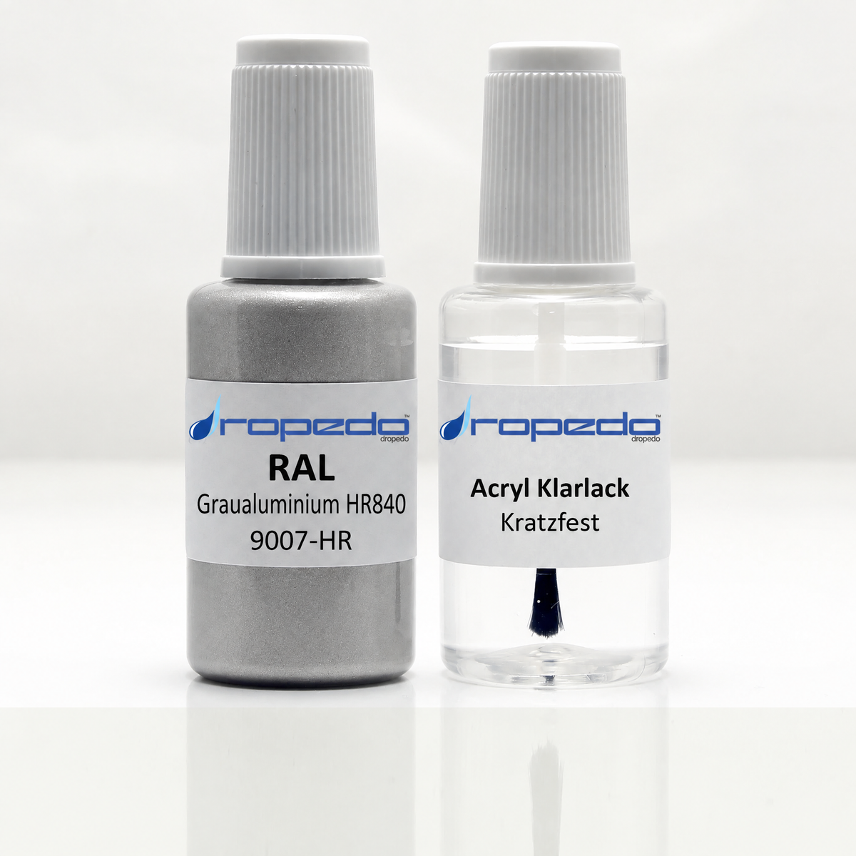 Lackstift-Set für RAL 9007-HR Graualuminium HR840: 20 ml Basislack und 20 ml Klarlack