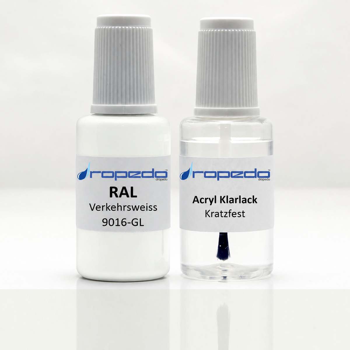 RAL 9016-GL Verkehrsweiss Lackstift, 20 ml Basislack und 20 ml Klarlack