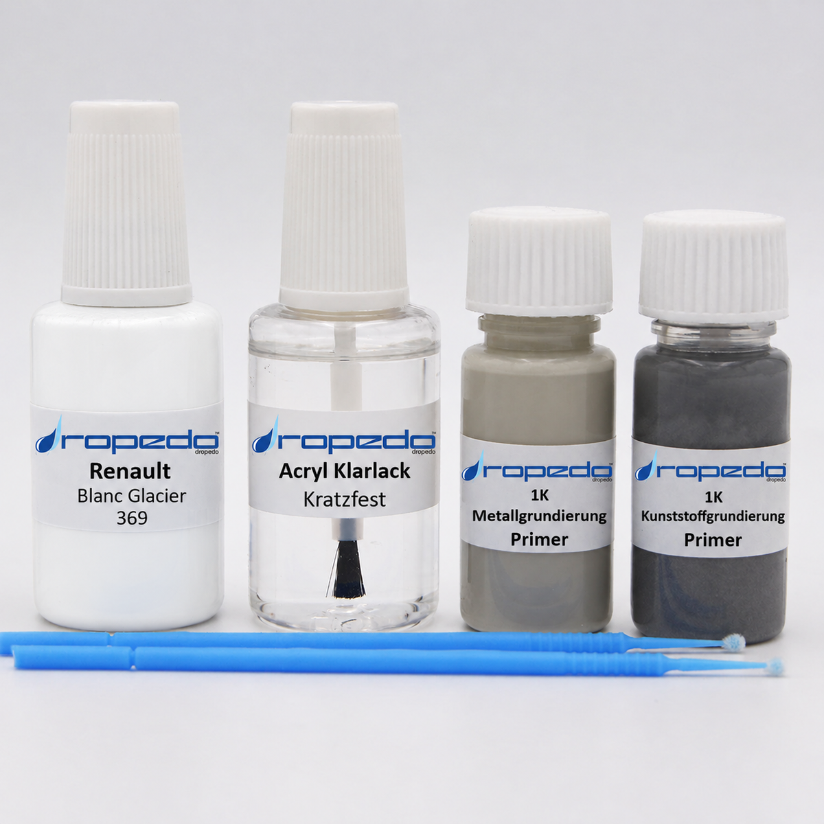 Renault 369 Blanc Glacier Lackstift, 20 ml Basislack und 20 ml Klarlack