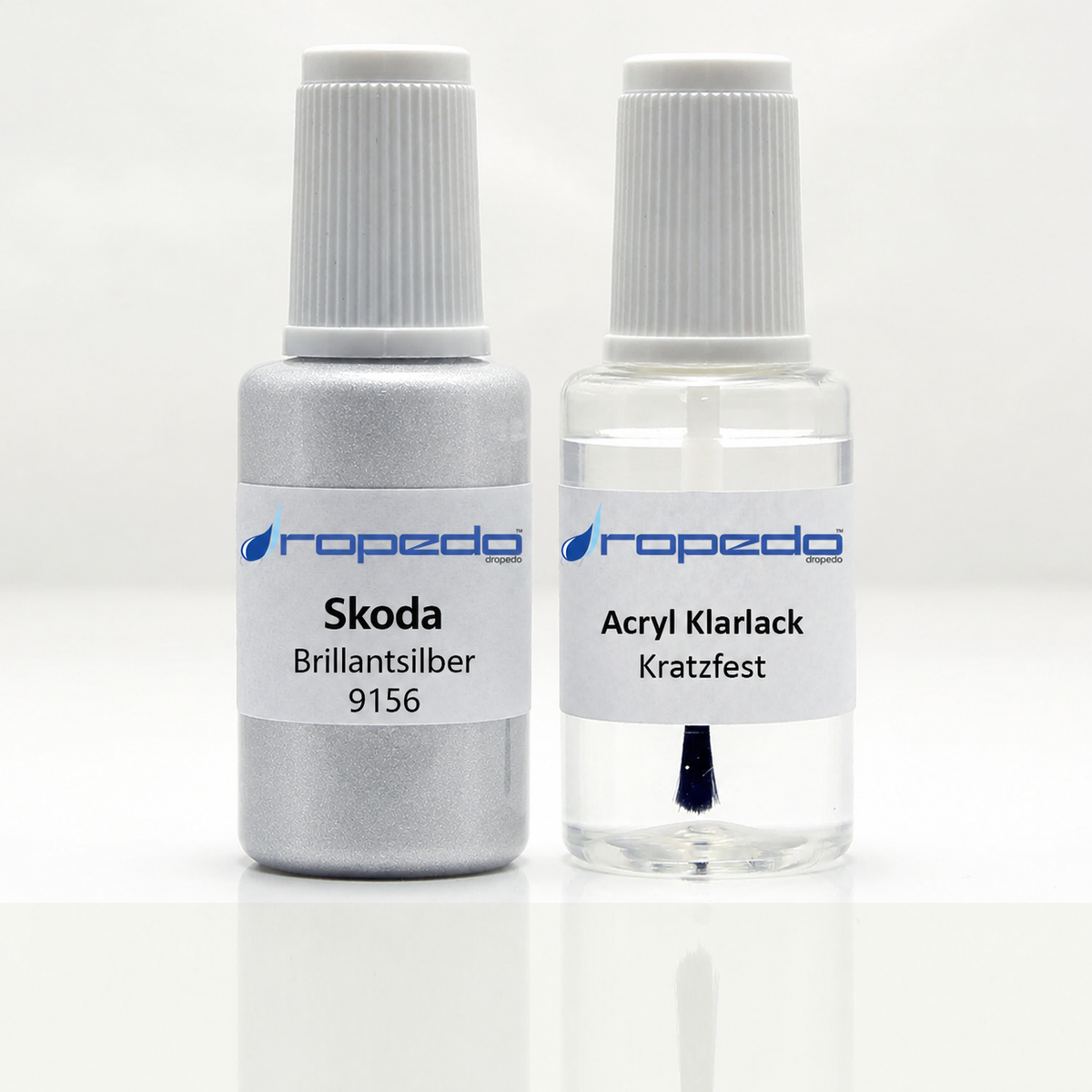 Skoda 9156 Brillantsilber Lackstift, 20 ml Basislack und 20 ml Klarlack