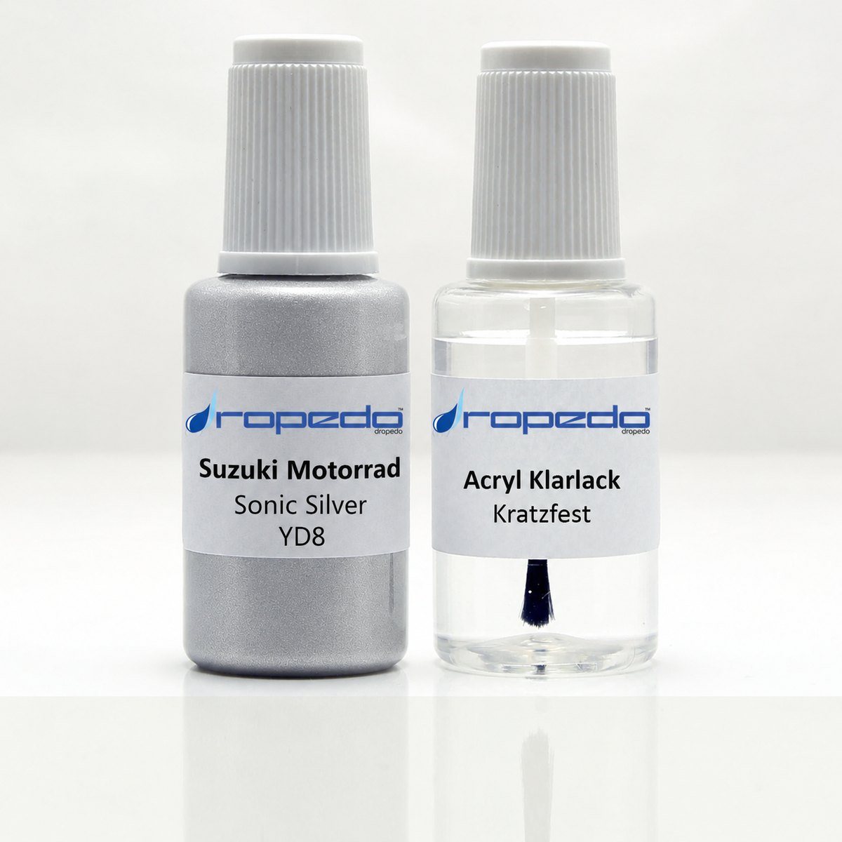 Lackstift-Set für Suzuki Motorrad YD8 Sonic Silver: 20 ml Basislack und 20 ml Klarlack