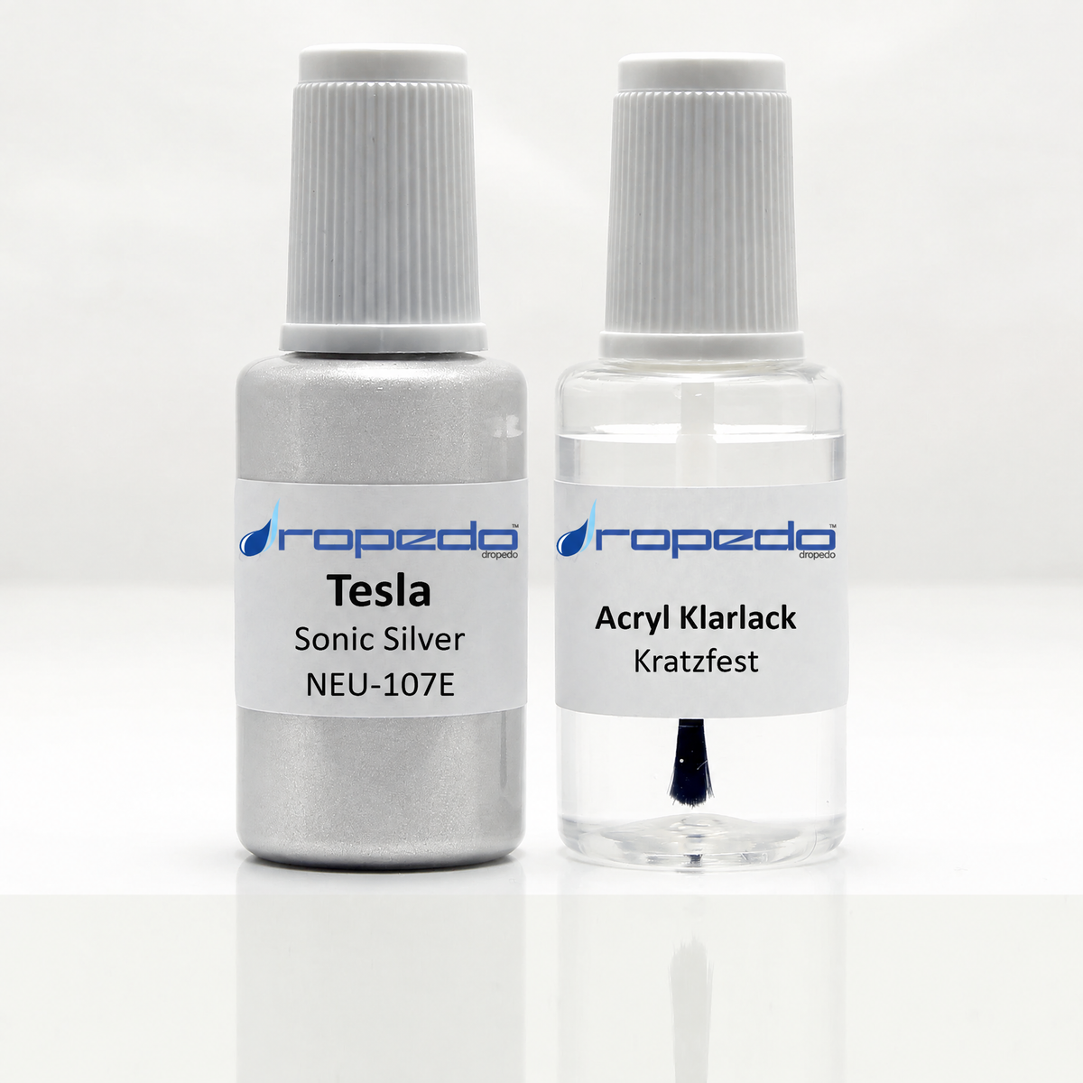 Tesla NEU-107E Sonic Silver Lackstift, 20 ml Basislack und 20 ml Klarlack