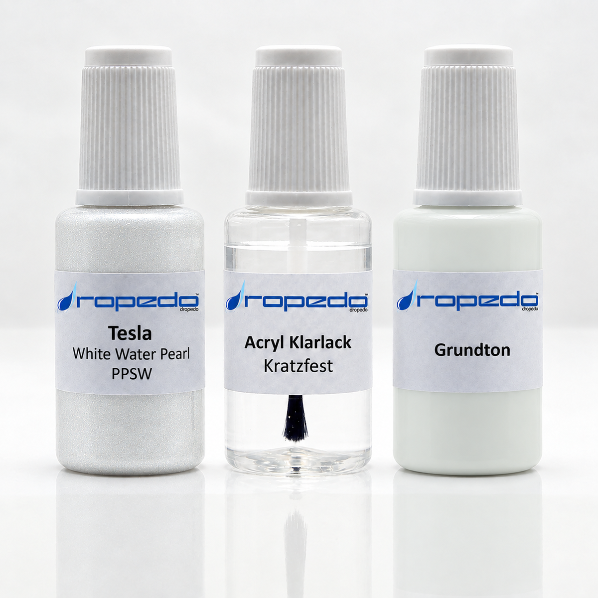 Lackstift-Set für Tesla PPSW White Water Pearl: Basislack, Klarlack und Grundton