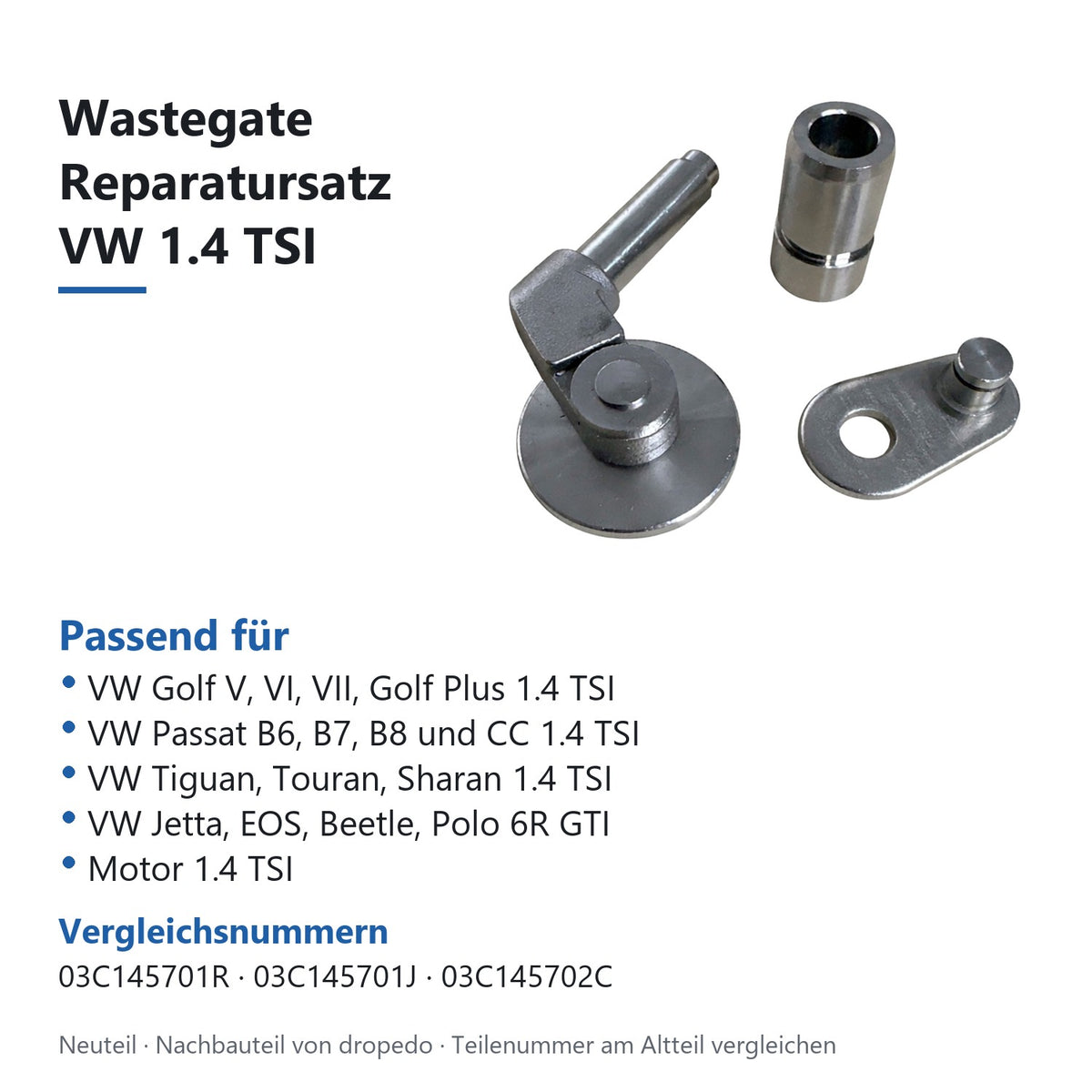 Passend für VW Golf V, VI, VII, Golf Plus 1.4 TSI; VW Passat B6, B7, B8 und CC 1.4 TSI; VW Tiguan, Touran, Sharan 1.4 TSI; VW Jetta, EOS, Beetle, Polo 6R GTI; Motor 1.4 TSI. Vergleichsnummern 03C145701R, 03C145701J, 03C145702C