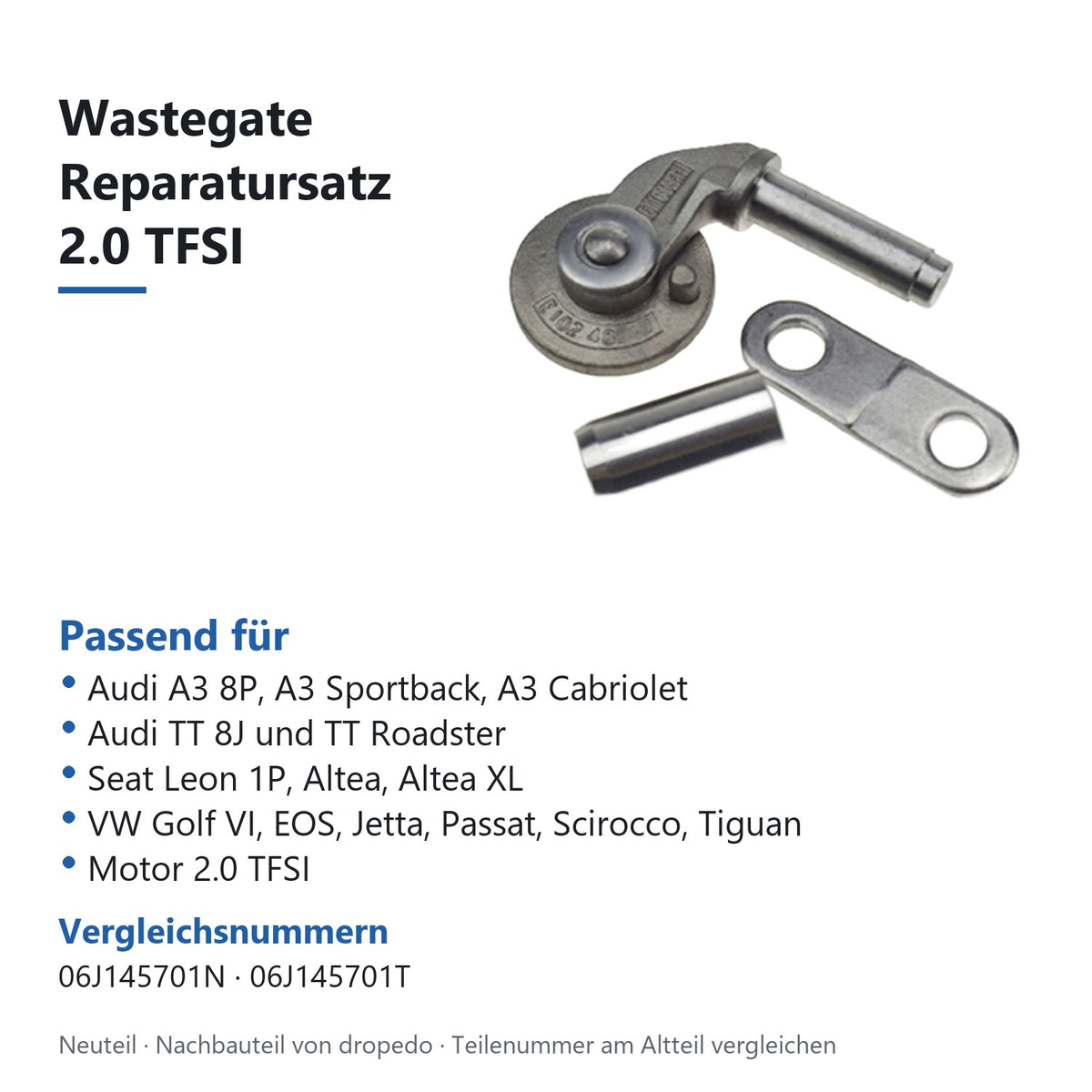 Passend für Audi A3 8P, A3 Sportback, A3 Cabriolet; Audi TT 8J und TT Roadster; Seat Leon 1P, Altea, Altea XL; VW Golf VI, EOS, Jetta, Passat, Scirocco, Tiguan; Motor 2.0 TFSI. Vergleichsnummern 06J145701N, 06J145701T