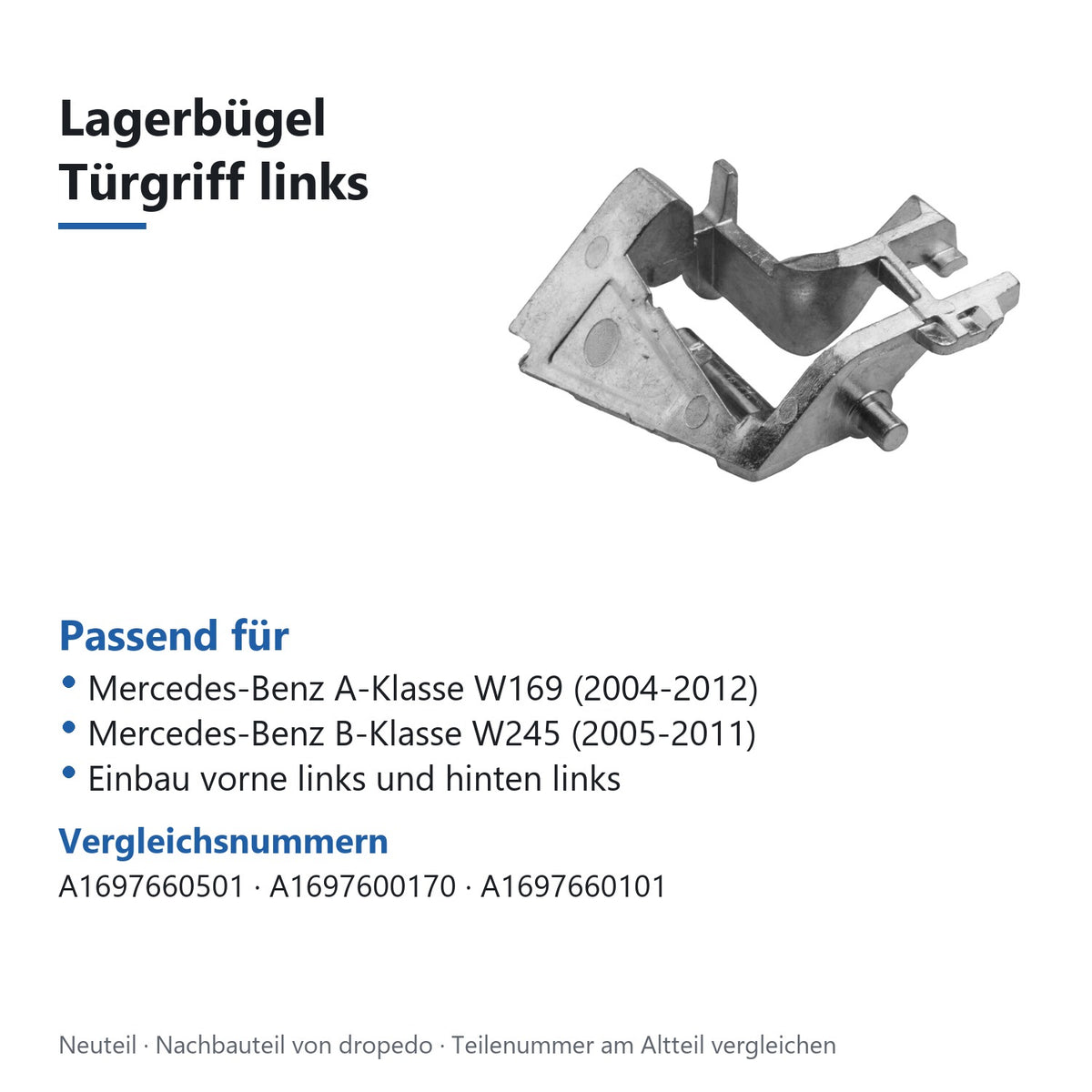Passend für Mercedes-Benz A-Klasse W169 (2004-2012); Mercedes-Benz B-Klasse W245 (2005-2011); Einbau vorne links und hinten links. Vergleichsnummern A1697660501, A1697600170, A1697660101