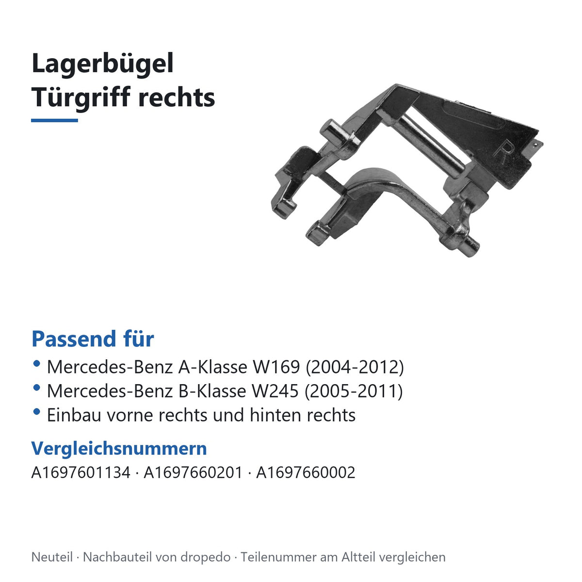 Passend für Mercedes-Benz A-Klasse W169 (2004-2012); Mercedes-Benz B-Klasse W245 (2005-2011); Einbau vorne rechts und hinten rechts. Vergleichsnummern A1697601134, A1697660201, A1697660002