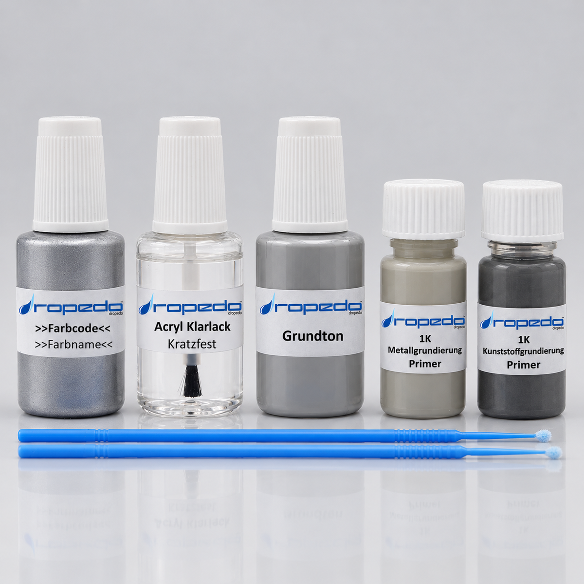 Lackstift-Set mit Grundton und Grundierung: Basislack, Klarlack und Grundton je 20 ml, Metall- und Kunststoffgrundierung je 10 ml, zwei Tupfer