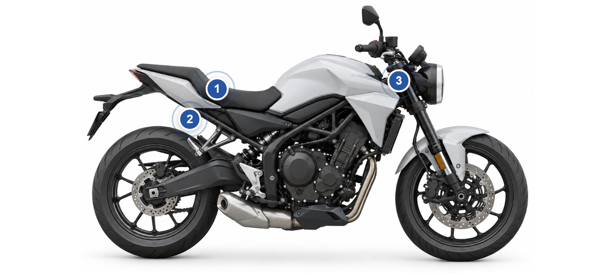 BMW Motorrad: Fundstellen des Farbcodes am Fahrzeug, nummeriert wie in der Liste