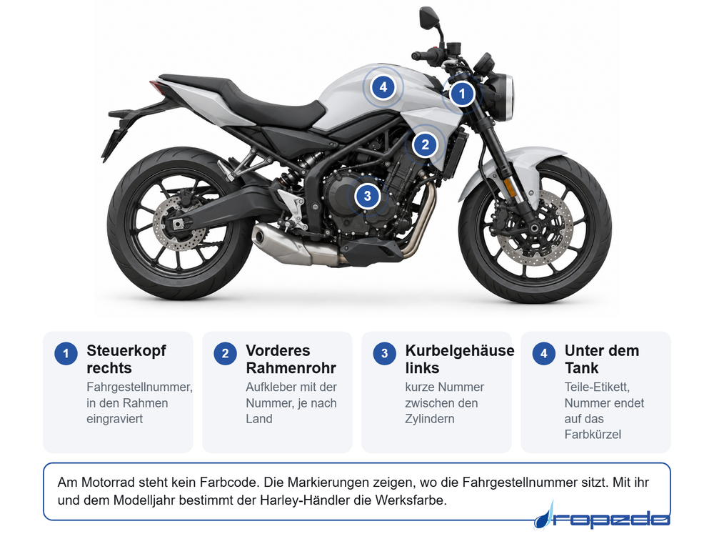 Motorrad von der Seite: Markierungen am Steuerkopf, am vorderen Rahmenrohr, am Kurbelgehäuse und unter dem Tank, wo die Fahrgestellnummer zu finden ist