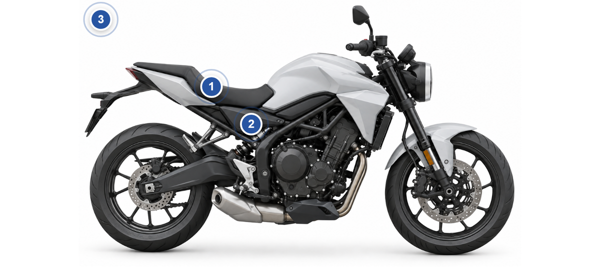 Honda Motorrad: Fundstellen des Farbcodes am Fahrzeug, nummeriert wie in der Liste
