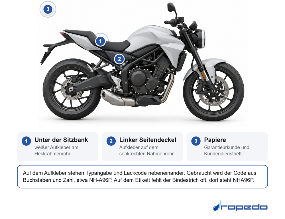 Motorrad von der Seite: Markierung 1 am Rahmen unter der Sitzbank, Markierung 2 am linken Seitendeckel, Markierung 3 für die Fahrzeugpapiere