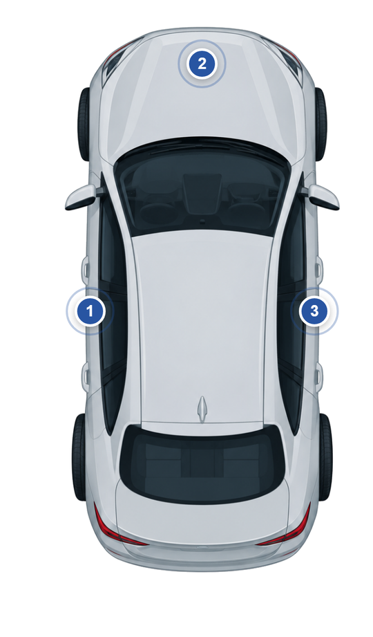 Jaguar: Fundstellen des Farbcodes am Fahrzeug, nummeriert wie in der Liste