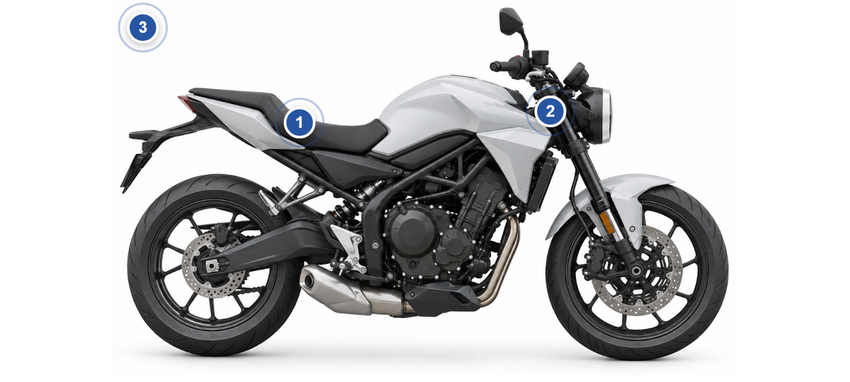 Kawasaki: Fundstellen des Farbcodes am Fahrzeug, nummeriert wie in der Liste