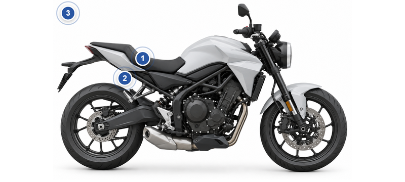 Piaggio: Fundstellen des Farbcodes am Fahrzeug, nummeriert wie in der Liste