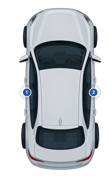 Tesla: Fundstellen des Farbcodes am Fahrzeug, nummeriert wie in der Liste