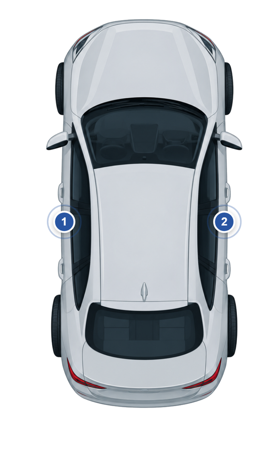 Tesla: Fundstellen des Farbcodes am Fahrzeug, nummeriert wie in der Liste