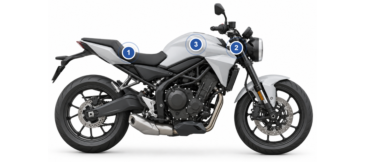 Triumph: Fundstellen des Farbcodes am Fahrzeug, nummeriert wie in der Liste