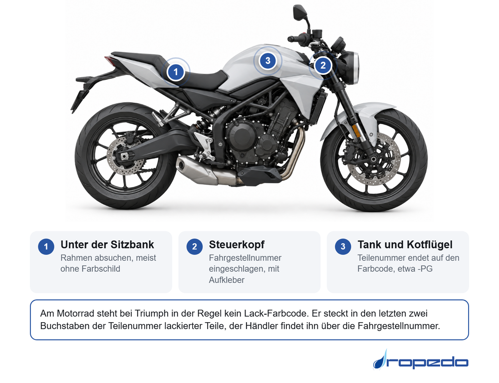 Motorrad von der Seite: Markierung 1 unter der Sitzbank, Markierung 2 am Steuerkopf, Markierung 3 am Tank