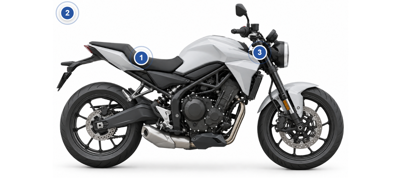 Yamaha: Fundstellen des Farbcodes am Fahrzeug, nummeriert wie in der Liste