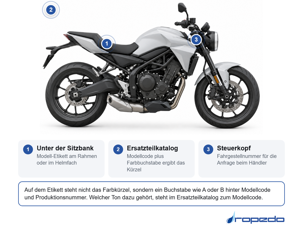 Motorrad von der Seite: Markierung 1 unter der Sitzbank am Rahmen, Markierung 2 für Ersatzteilkatalog und Papiere, Markierung 3 am Steuerkopf