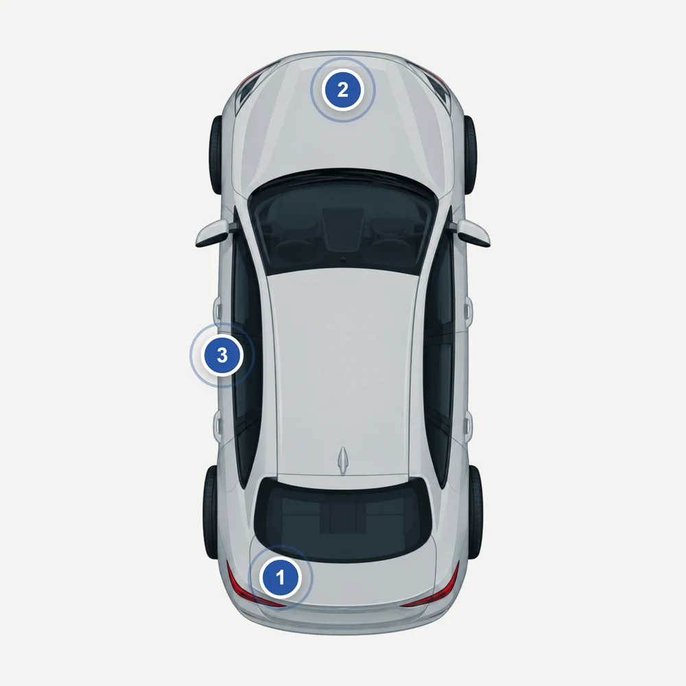Fiat von oben: Markierung 1 Heckklappe, Markierung 2 Motorhaube / Motorraum, Markierung 3 Türholm Fahrerseite