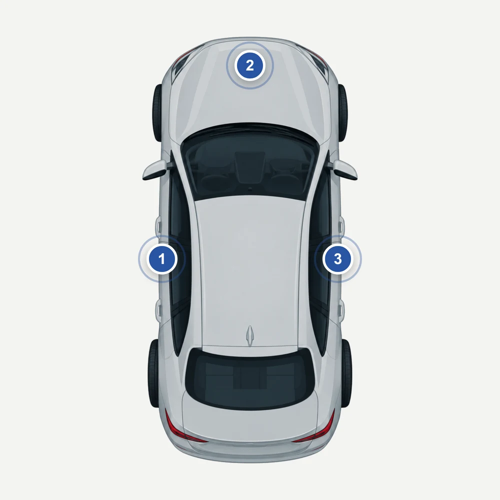 Jaguar von oben: Markierung 1 Türholm Fahrerseite, Markierung 2 Motorraum vorn, Markierung 3 Türholm Beifahrerseite